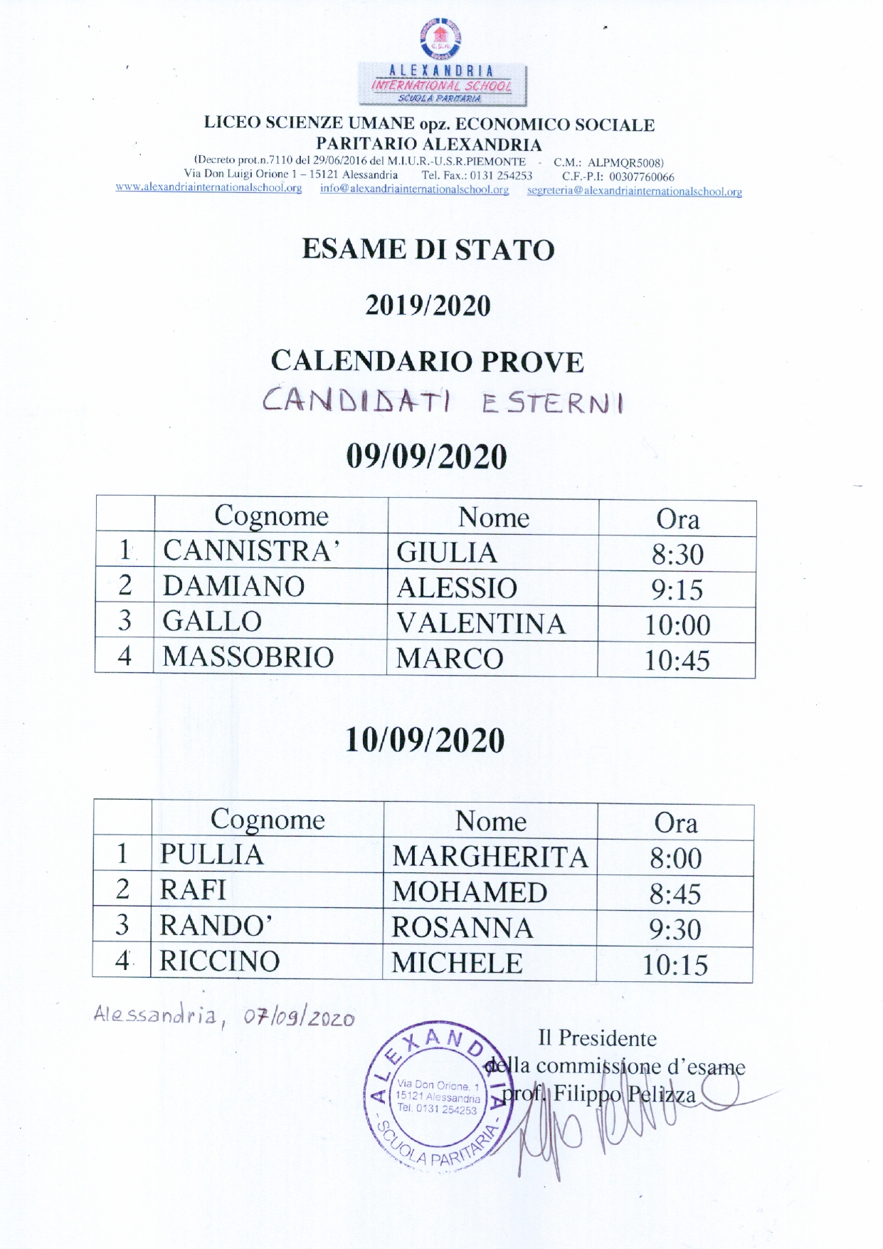 Esame di Stato 2019/2020 - Candidati Esterni - Liceo Scienze Umane opz